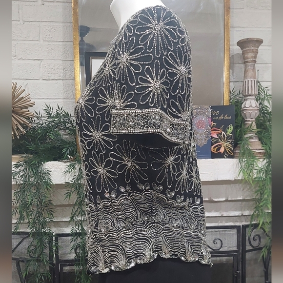 Vintage Laurence Kazar Black Sequin Silk Beaded Blouse Women's Sz L Evening Top - Picture 7 of 12